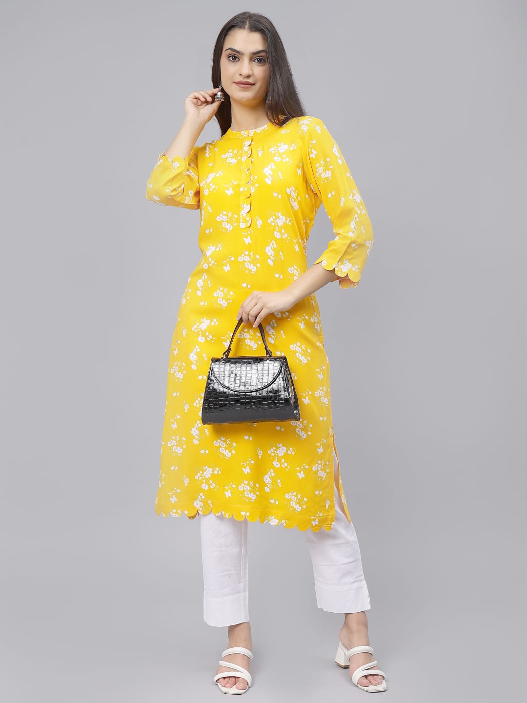 Yellow Floral print kurti Collar with scalping