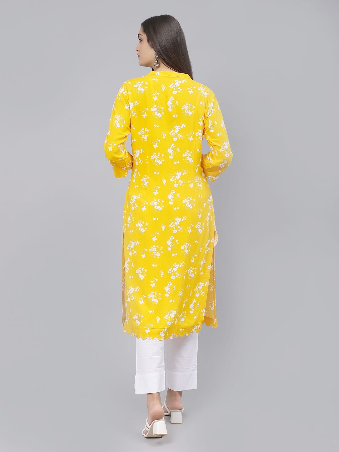 Yellow Floral print kurti Collar with scalping