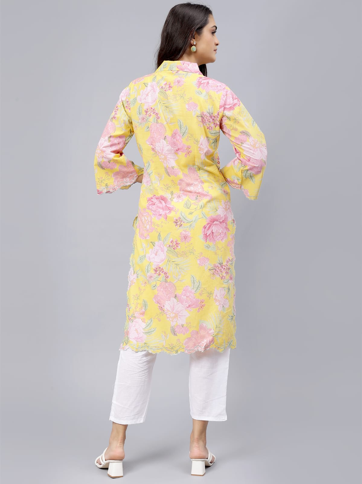 Yellow Floral printed cotton Kurti