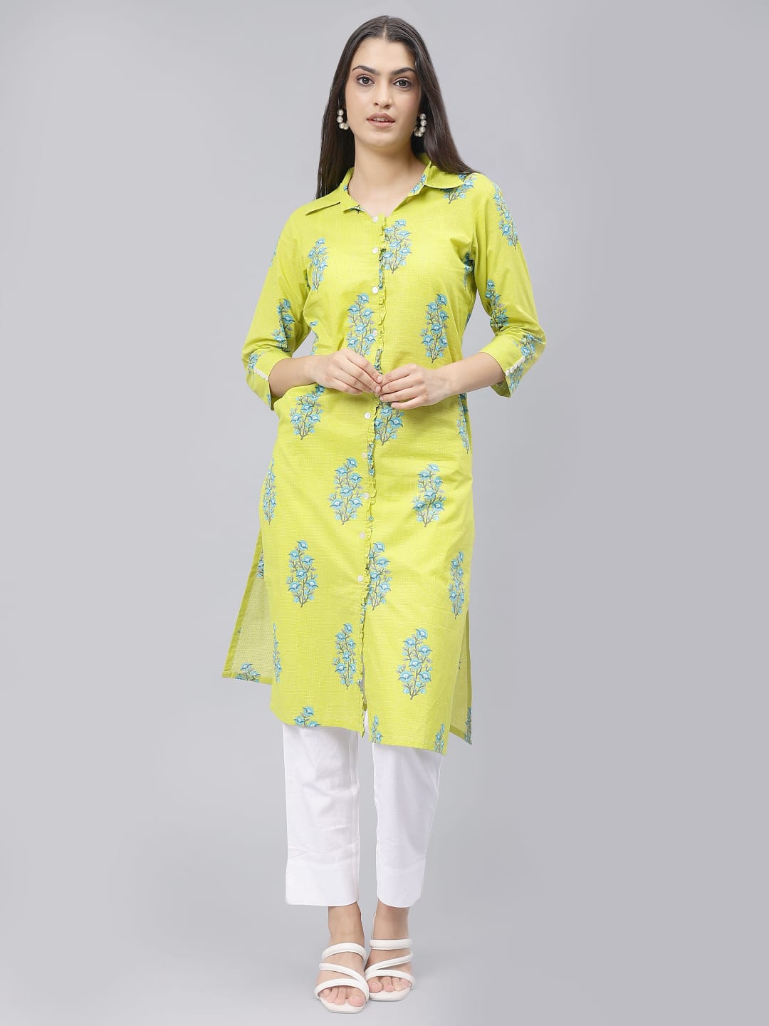 Lime green front open Kurti with frill