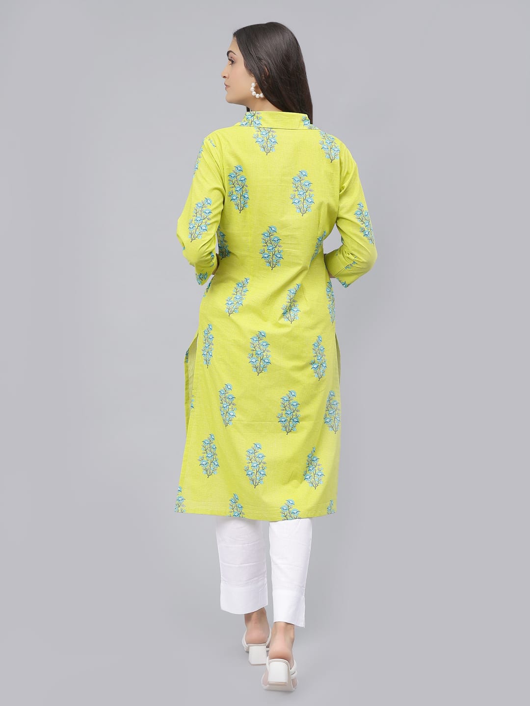 Lime green front open Kurti with frill