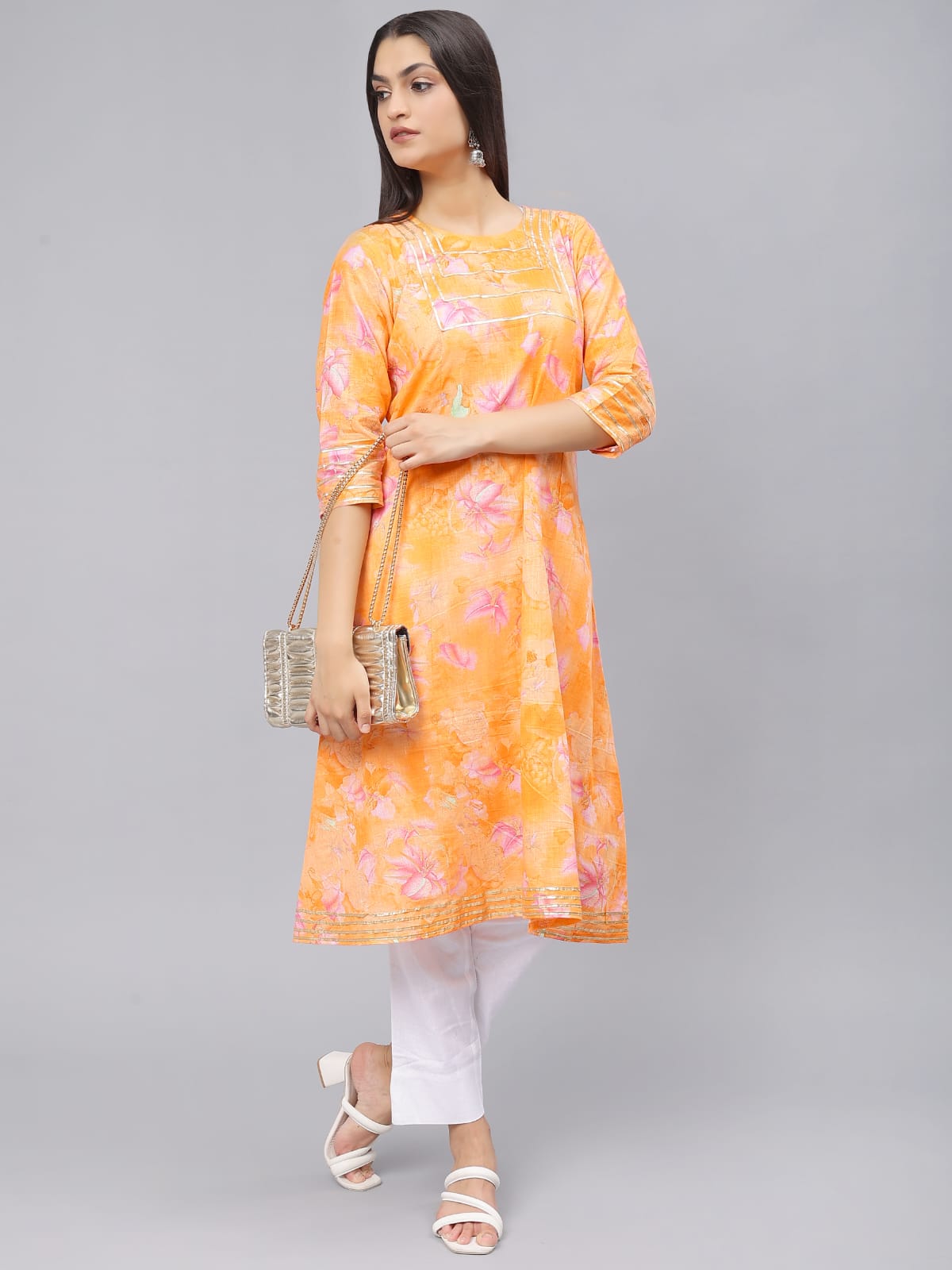 Orange floral print A line Kurta Round neck