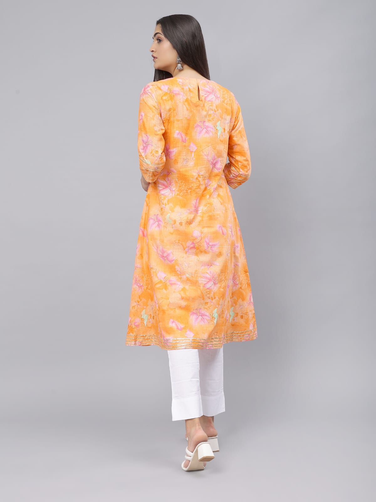 Orange floral print A line Kurta Round neck