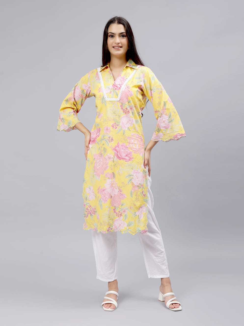 Yellow Floral printed cotton Kurti