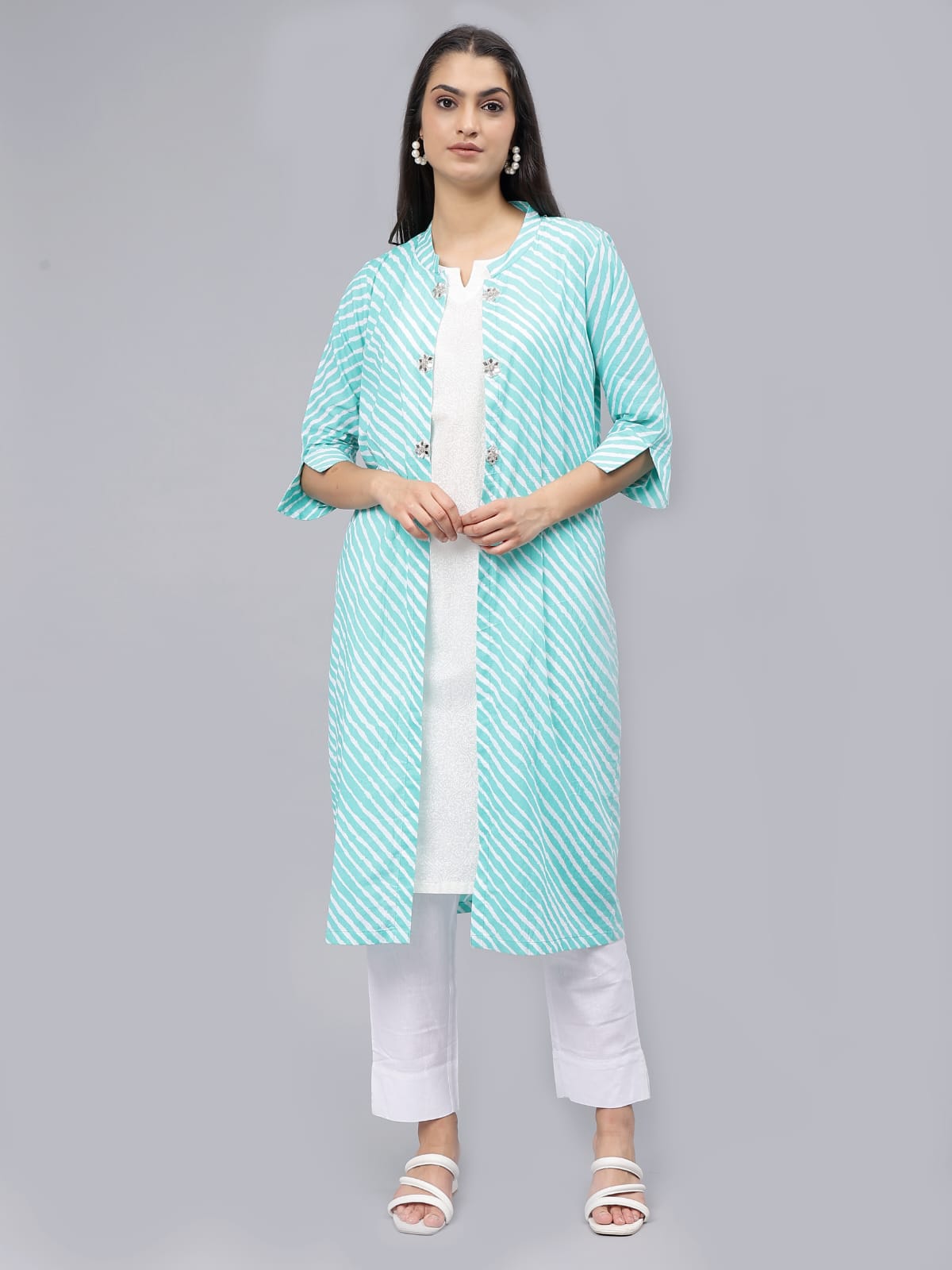 White self-print Sleeveless Kurti