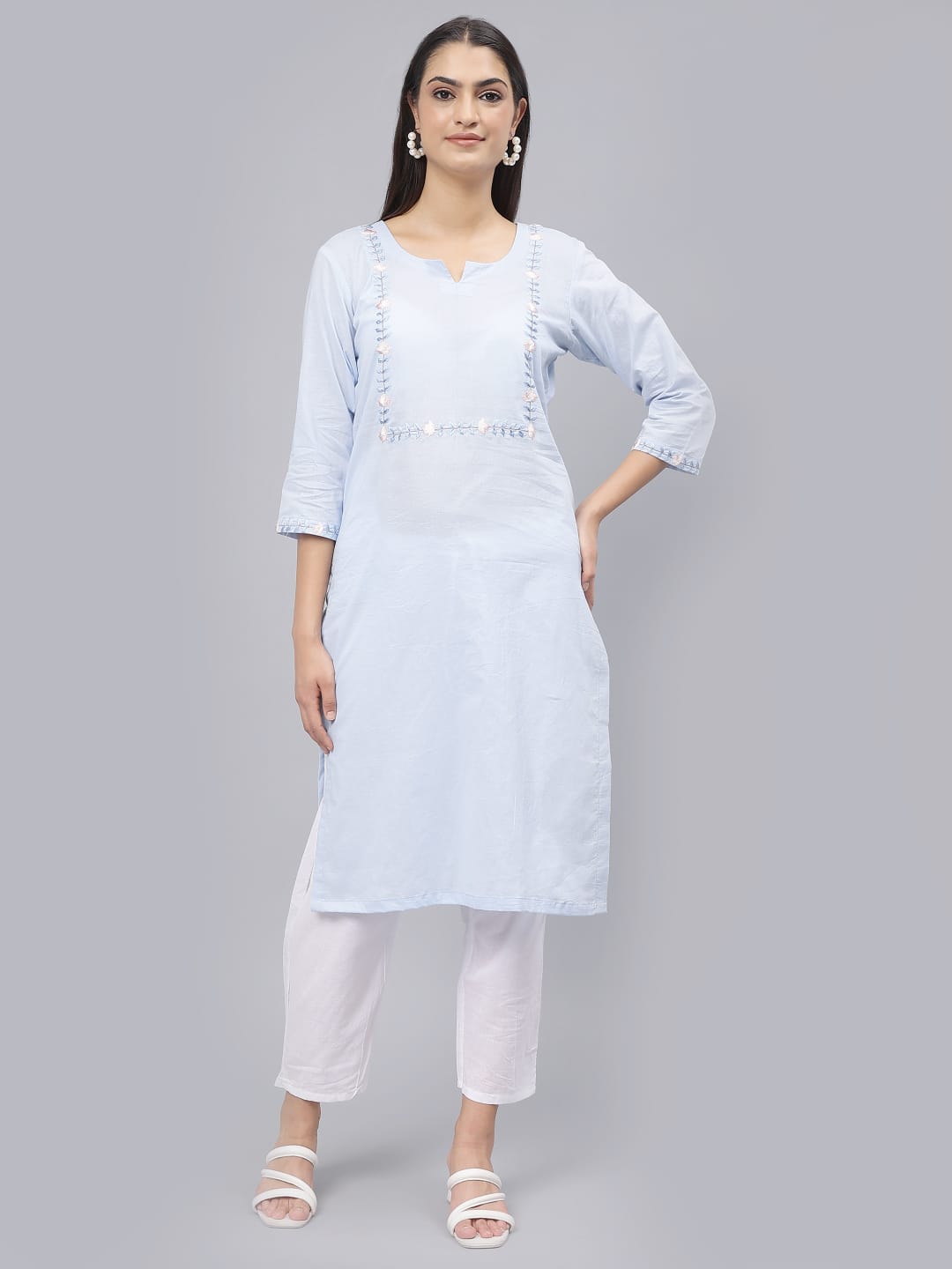 Light blue Machine Embroidery cotton kurti