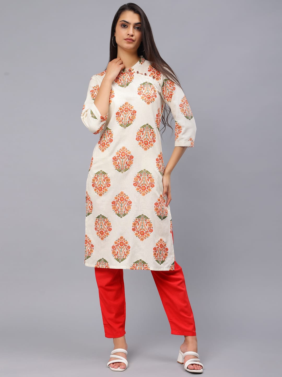 Floral desing print kurti Chinese collar