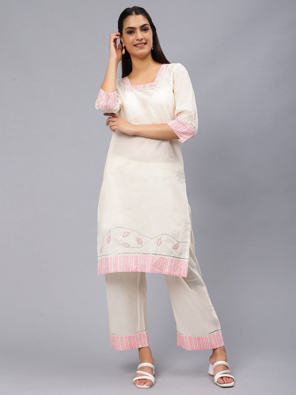 White and Pink Applique suit & trouser with pocket