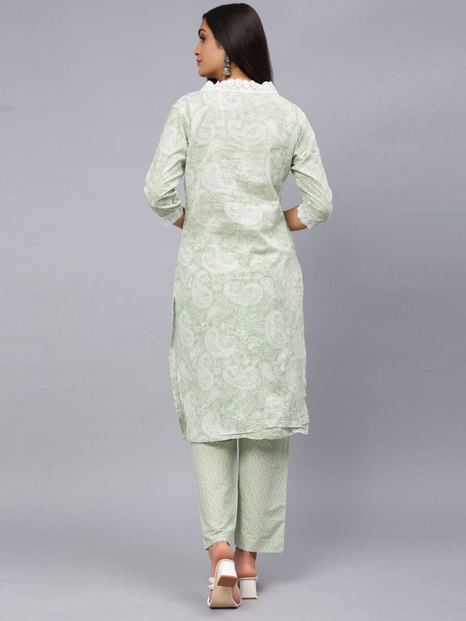 Mint Green Printed Kurta V-neck with Lace