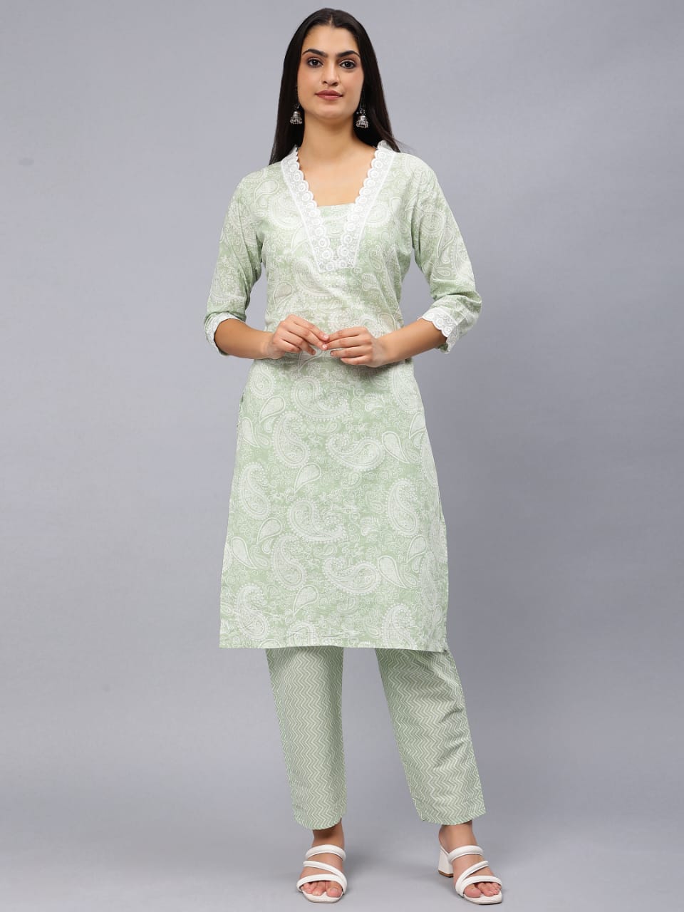 Mint Green Printed Kurta V-neck with Lace