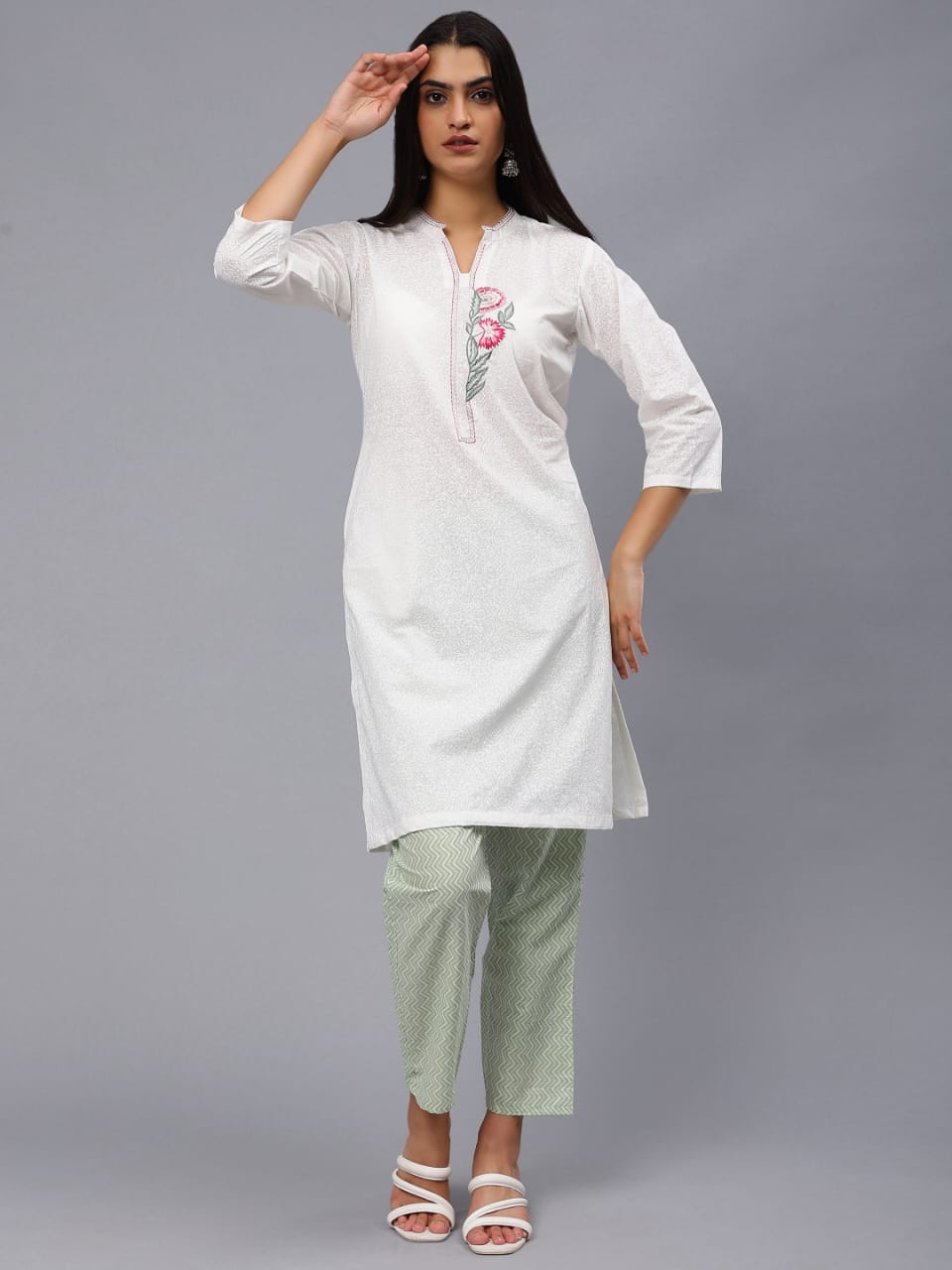 White machine embroidery cotton Kurti