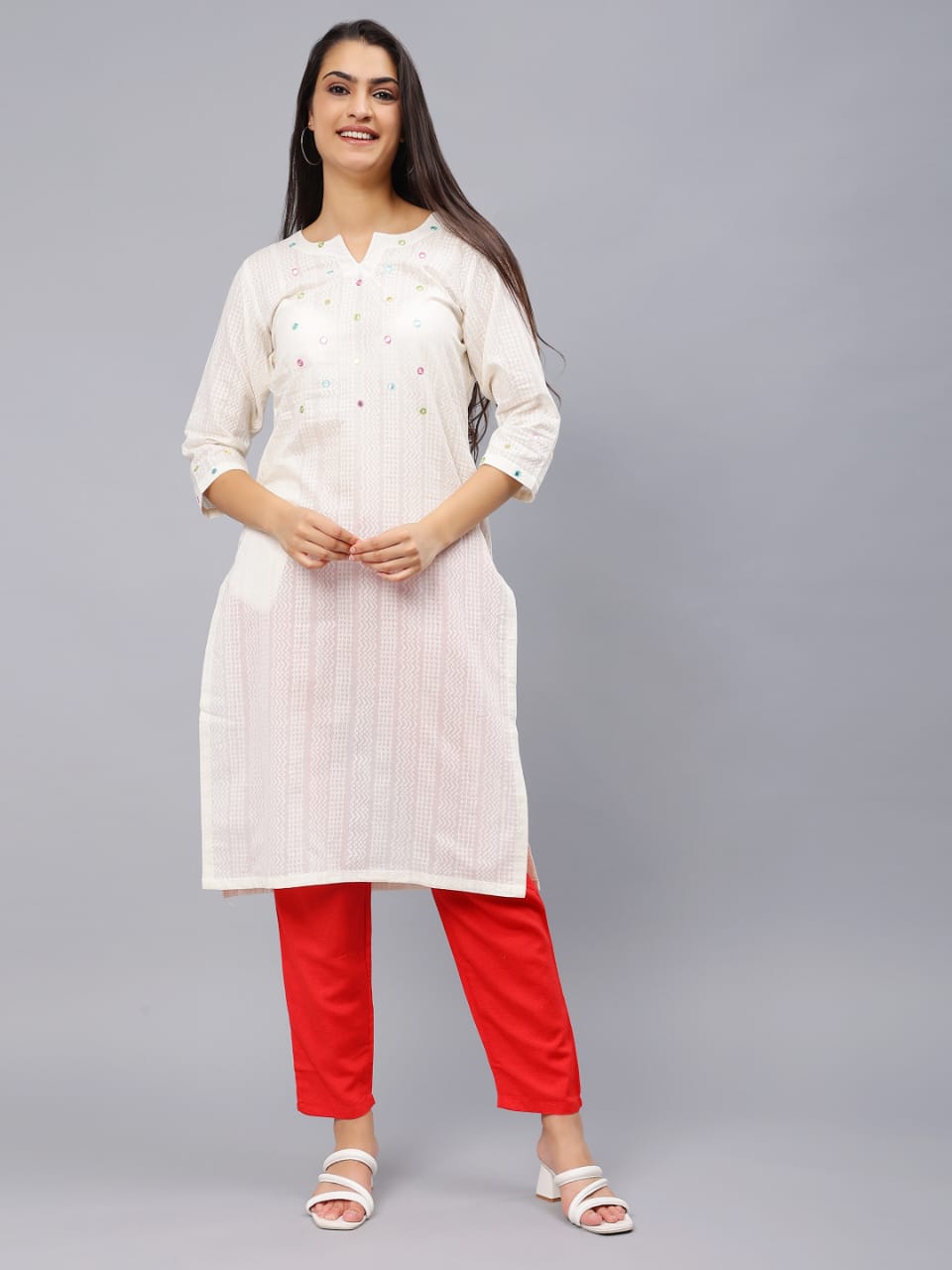 Off White Cotton Kurti with Round neck design