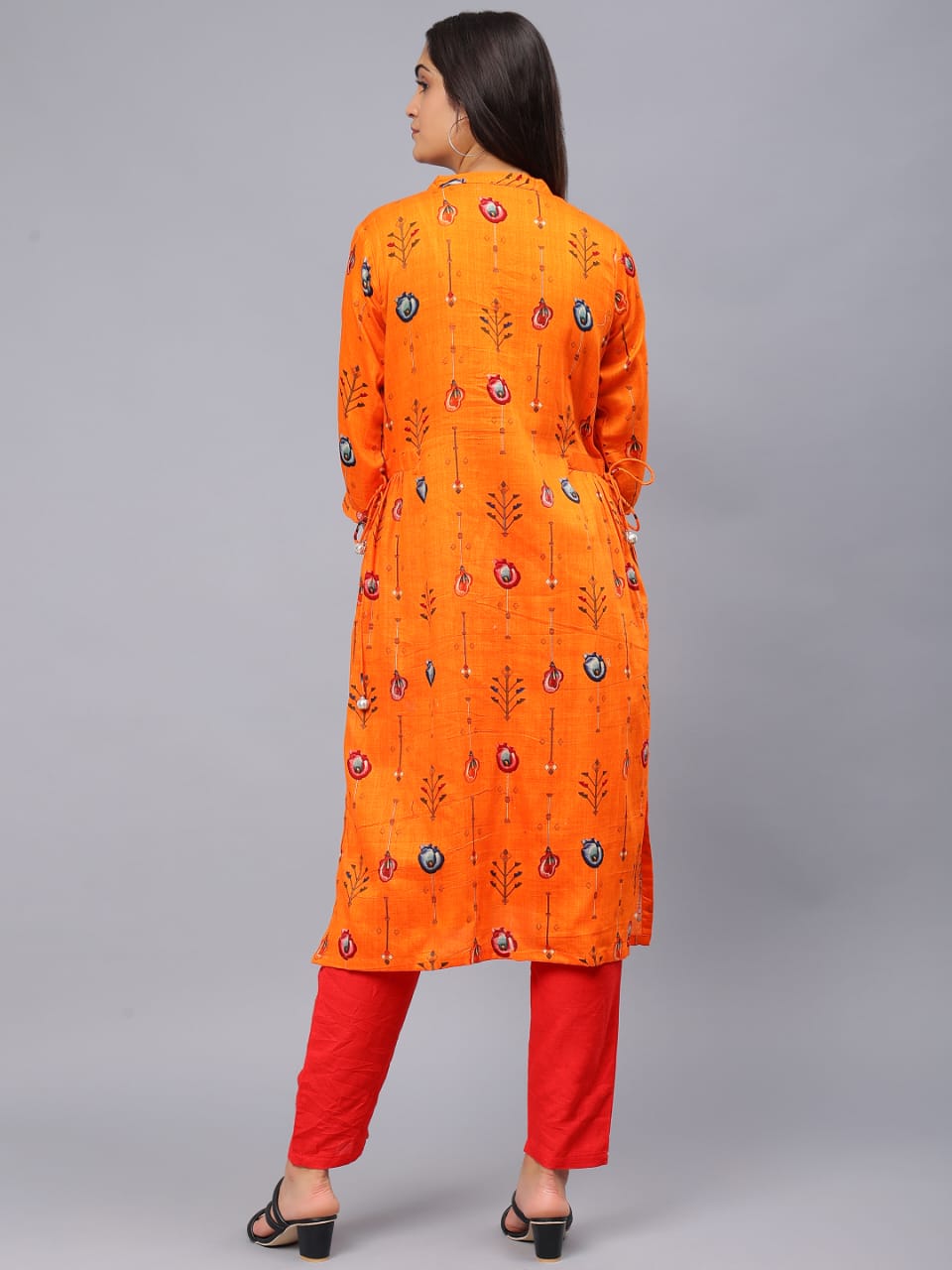 Orange floral print kurti Round neck with Zip