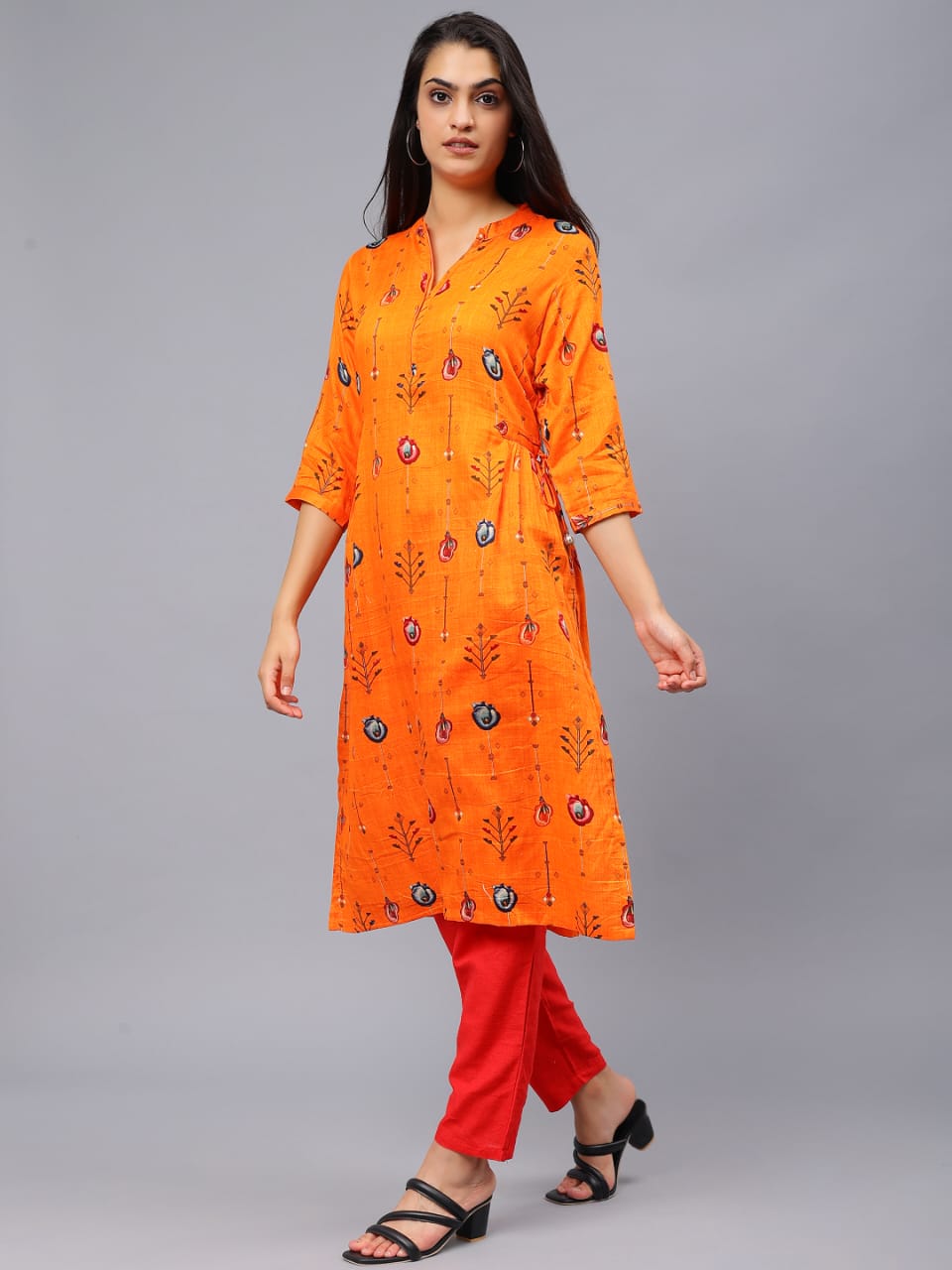 Orange floral print kurti Round neck with Zip