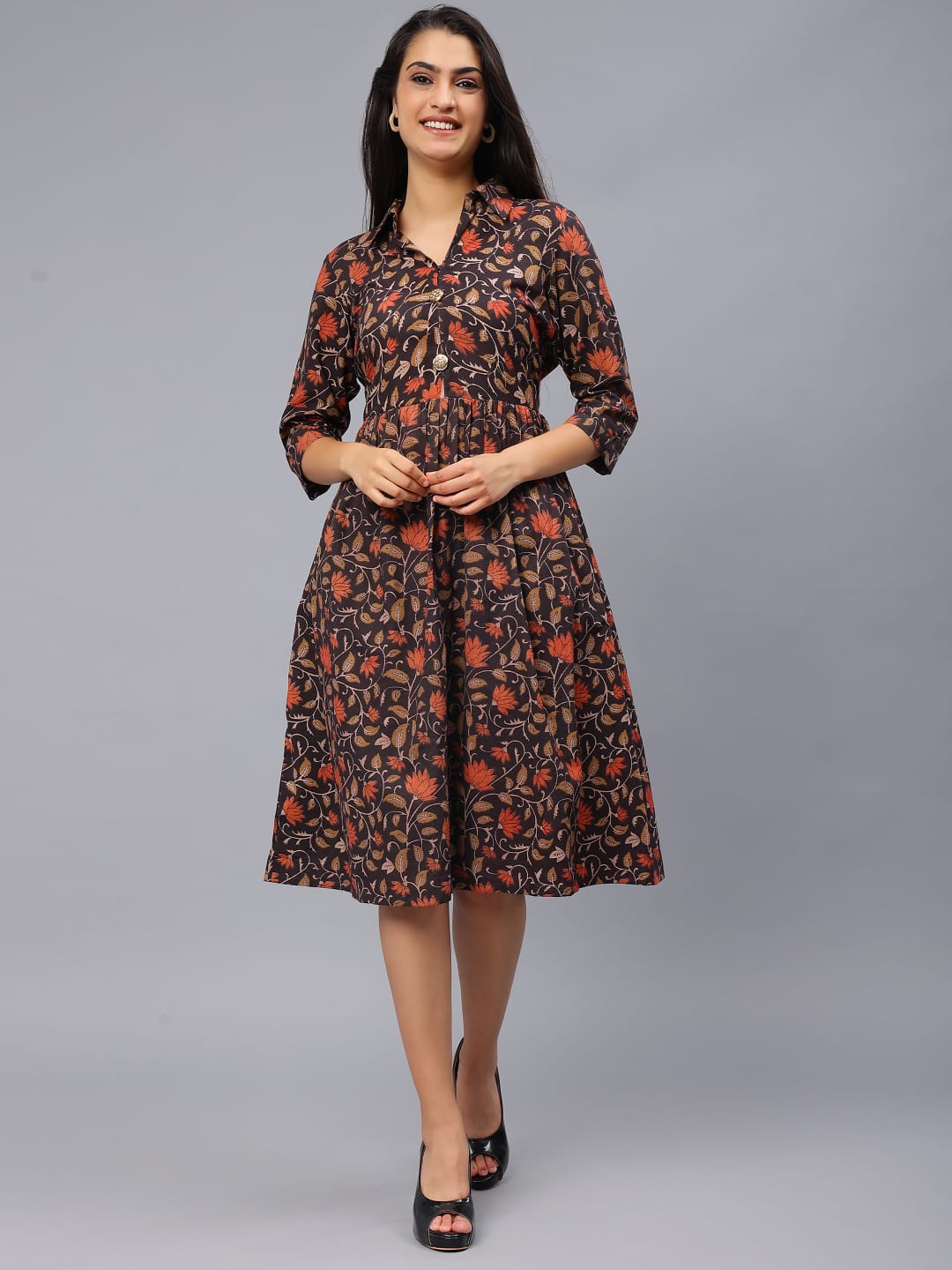 Floral Printed Shirt Collar Dress